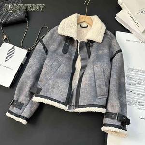 Janveny 2025 Mới Mùa Thu Mùa Đông Len Pha Trộn Giả Lông Thú Áo Khoác Phụ Nữ Ve Áo Dưới Beltloops Cổ Điển Lỏng Hai Mặt Lông Cừu Áo Khoác - Product Image 2