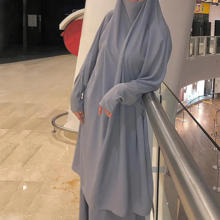 Conjunto de vestido abaya e hijab com manga longa, roupas de oração para mulheres musculinas, 2 peças, vestido feminino islâmico, manga longa, traje khimar
