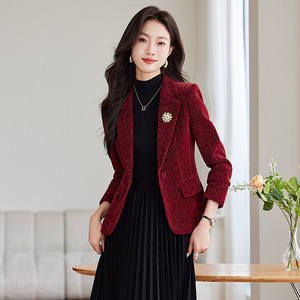 Women's Burgundy Velour Blazer Solid Color Pocket Design Casual Versatile Short Jacket 2024 New Style - Product Image 1