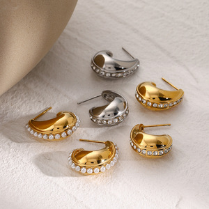 Teardrop Shape C Shaped Diamond Earrings 18k Gold Stainless Steel Women's Everyday Wear Light Luxury Earrings - Product Image 3