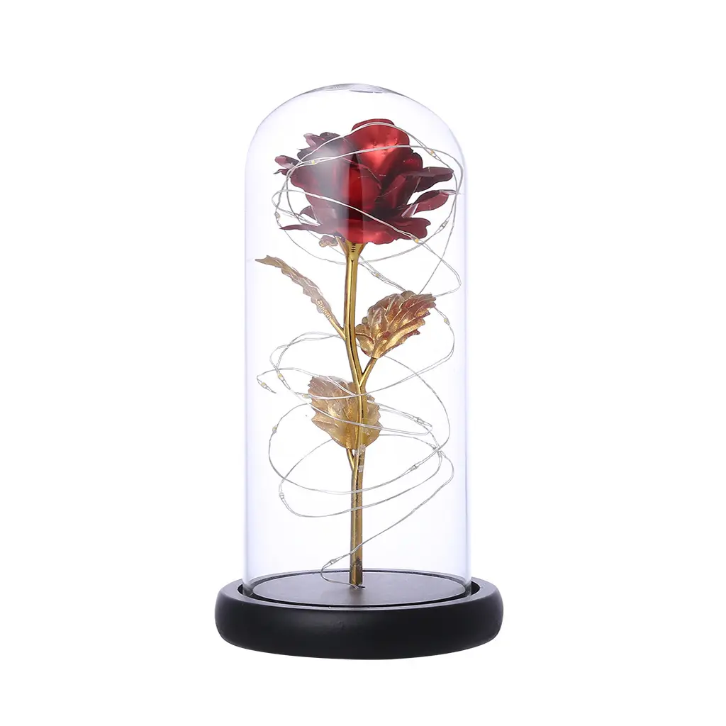 Mother's Day Gift Red Golden Rose In Flask A Glass Dome LED Lamps With Night Light In Glass Dome Preserved Roses In Glass Best gift for Valentine's day