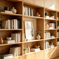 E0 Écologique en Contreplaqué de Chêne Naturel Laqué Modulaire Moderne, Meuble Bibliothèque Mural du Sol au Plafond, Robinet d'Évier, Charnière