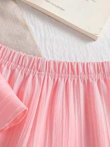 Set di Abbigliamento per Bambina 2 Pezzi: Giacca con Fiocco Tridimensionale e Orlo a Balze, Pantaloni Dritti, Colore Unico, 100% Cotone - Product Image 4