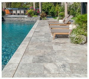Personnalisé persan argent frêne gris travertin dalles croix coupe titane Travertino pierre <span class=keywords><strong>piscine</strong></span> pont pavé carrelage <span class=keywords><strong>de</strong></span> <span class=keywords><strong>sol</strong></span> pierre d'adaptation - Product Image 2