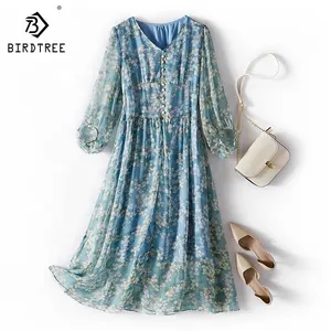 도매 95% 실크 드레스 여성 2023 여름 드레스 빛 블루 꽃 맥시 드레스 V-넥 한국 패션 여성 의류 D34902C