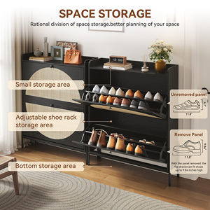 2-Drawer Wooden Shoe Cabinet Rattan Doors <b>Narrow</b> Freestanding <b>Storage</b> Organizer Entryway Black - Product Image 4