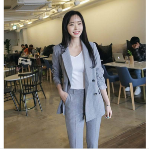 Completo da Lavoro OL 2 Pezzi, Giacca Blazer a Righe <span class=keywords><strong>Doppiopetto</strong></span> e Pantaloni con Zip, Completo Femminile Primaverile - Product Image 2