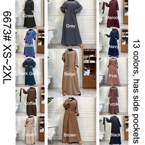 6673# New Arrival Slim Sleeves Elastic Cuff Plain Color Closed Abaya Muslim Women Modest slip Dress With Side Pockets - Product Image 6