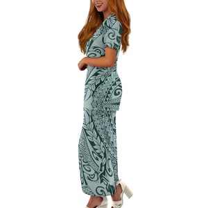Robes hawaïennes vertes Robes pour femmes Lady Elegant Island Robes pour femmes Vente en gros Imprimé personnalisé Polynésien Été Robe longue décontractée OEM - Product Image 4