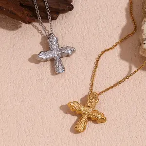 XIXI Waterproof Classic Pendant Link Chain Stainless Steel Hammered Pattern Cross 18k Gold Plated Women Fashion Jewelry Necklace