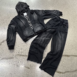 بدلة رياضية كبيرة الحجم بغطاء رأس مزدوج مخصصة تصميم قطع خاص حمض غسلها سستة هوديي وسراويل رياضية مجموعة للرجال - Product Image 1