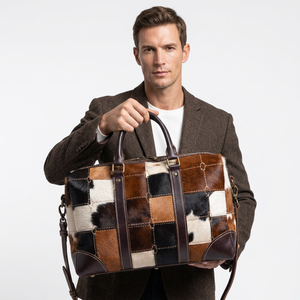 Oval Duffle Bag Cowhide Leather Brown White Unisex Travel Shoulder Strap Buckle Closure Utility Pocket 20-36L Capacity - Product Image 1