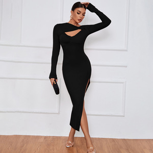 2026 Robe sexy pour femme, à nœud ajouré sur le devant, manches longues, amincissante, style transfrontalier, taille haute, jupe crayon, robe croisée élégante - Product Image 5
