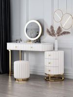 Meuble de chambre à coucher de luxe nordique rose en promotion : coiffeuse avec miroir et éclairage