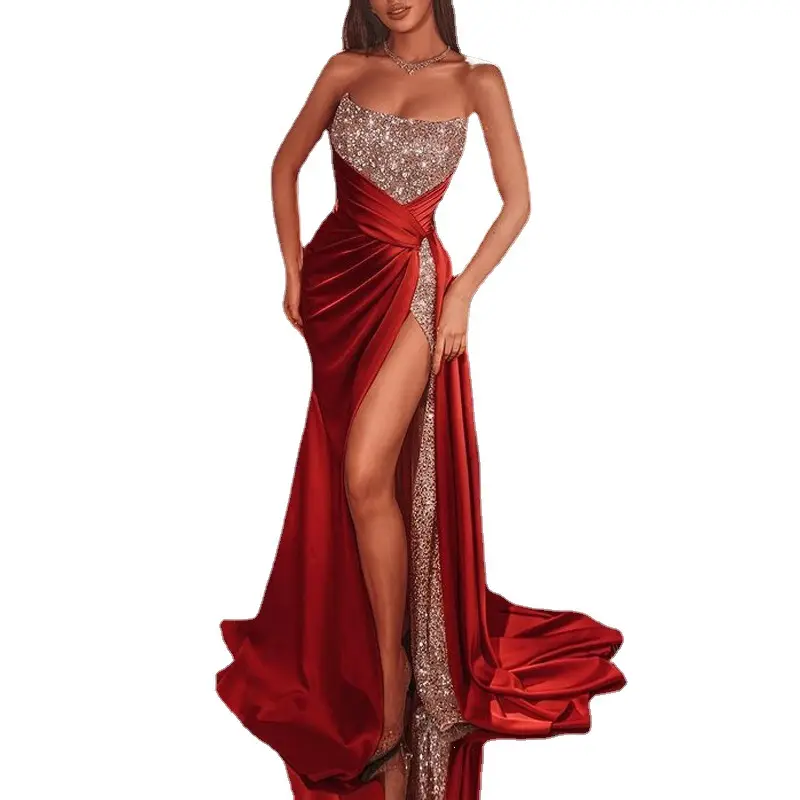 2022 Fashion Hot Sales Elegant Sequin Slit Red Dresses Wedding Guest Dresses For Women