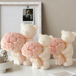 3D Rose Bear Candle <b>Mold</b> Bear Holding Bouquet Candle Silicone <b>Molds</b> for Candle Making Resin Aromatherapy Gypsum Wax Clay Craft - Product Image 2