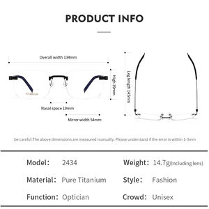 2434, venta al por mayor, marco cuadrado óptico sin marco, gafas sin montura, gafas para hombres y mujeres, gafas ópticas de titanio de alta calidad - Product Image 6