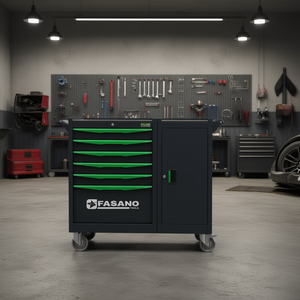 Gabinete de herramientas rodante Fasano Tools con 6 cajones, verde y negro, de metal, para almacenamiento en garaje, con puertas con cerradura y ruedas para reparación de automóviles. - Product Image 3
