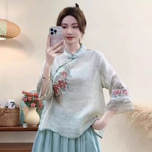 Traditional Chinese Embroidered Stand Collar Top Women Cotton Linen Summer Ethnic Style Three Quarter Sleeve Purple - Product Image 4