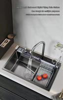 Évier de cuisine domestique moderne intelligent 304/201 en acier inoxydable noir LED cascade multifonction fait à la main bol carré en laiton Nano
