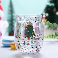 Taza de Vidrio de Borosilicato de Doble Pared con Estampado de Árbol de Navidad, 300 ml, Resistente al Calor, para Café o Té, Regalo de Navidad