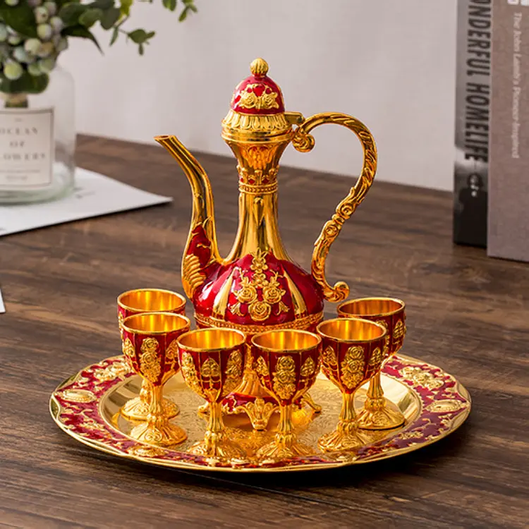 มุสลิมอาหรับโลหะผสมสังกะสีทอง6ถ้วยกาแฟชากาน้ำชา Zemzem ชุดพร้อมขาตั้ง