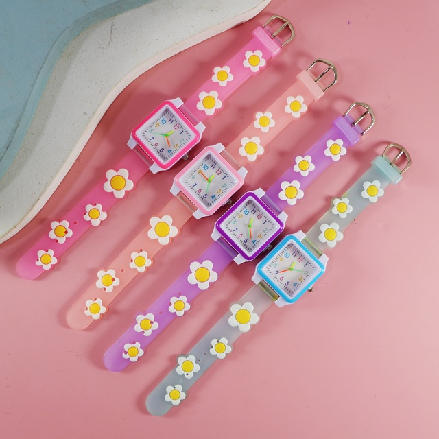 Cute Little Flower Cartoon Square Kids Watch with Quartz Movement Acrylic Dial & PC Case