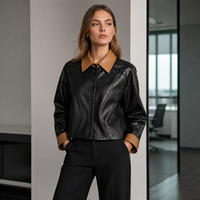 Veste en cuir de mouton vintage à blocs de couleur pour femme, col et poignets contrastants, coupe courte, en véritable peau de mouton