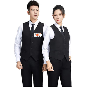 Venta al por mayor logotipo personalizado camarera uniforme Unisex botón chaleco para supermercado empleado chaleco Hotel asistente trabajo <span class=keywords><strong>traje</strong></span> <span class=keywords><strong>formal</strong></span> chaleco - Product Image 1