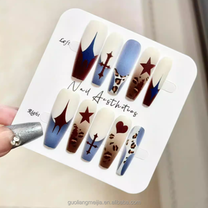 <span class=keywords><strong>Uñas</strong></span> Postizas Retro Americanas Y2K, Diseño <span class=keywords><strong>de</strong></span> Estrellas a Cuadros Azules y Rojos con Estampado <span class=keywords><strong>de</strong></span> Leopardo, <span class=keywords><strong>Uñas</strong></span> <span class=keywords><strong>Largas</strong></span> Tipo Ataúd con Pegamento - Product Image 2
