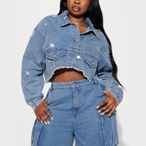 Produttore di alta qualità Denim <span class=keywords><strong>camicia</strong></span> a manica lunga e ampia gamba Multi tasche di <span class=keywords><strong>Jeans</strong></span> 2 pezzi Set per le donne - Product Image 6