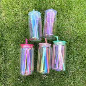 Verre à bière personnalisé de 16 oz avec logo, effet arc-en-ciel brillant, plaqué, vierge pour sublimation, avec couvercles colorés et paille pour wraps UV DTF - Product Image 3