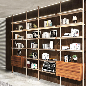 Gabinete de cajón de madera de decoración moderna universitaria, estantes de vidrio inclinados, poste redondo de acero dorado, estantes para libros colgantes de pared - Product Image 5