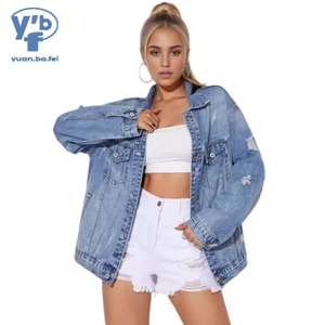 Veste en jean ample pour <span class=keywords><strong>femme</strong></span> YUANBOFEI, style vintage, déchirée, délavée, bleu, streetwear décontracté, surdimensionnée, manches longues - Product Image 1