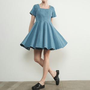 Summer Korean <strong>Wholesale</strong> Boutique Soft Washed Fabric High Waist <strong>Central</strong> Back Zipper Square Neck Denim Bottom Ruffle Dresses - Product Image 6