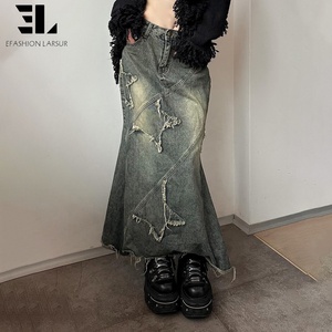 Jupes en jean décontractées vintage à effet délavé pour femmes, fabriquées sur mesure par LARSUR, taille haute, bord brut, longue <span class=keywords><strong>jupe</strong></span> en jean pour femmes - Product Image 1