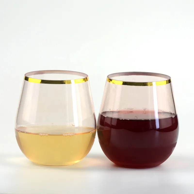 Gold Rim WIne Glass Polycarbonate Champagne Flute Plastic Custom Stemless Plastic Red Wine Glasses