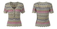 Ensemble deux pièces pour femmes OUDINA, haut à manches courtes à col en V avec motif en zigzag, pantalon tricoté taille haute, style décontracté et élégant