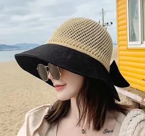 Topi Jerami Pantai Perempuan Topi Jerami Musim Panas Wanita Visor Matahari Wanita Panama Pinggiran Lebar Raffia Grosir dengan Topi Ember Nelayan Pita