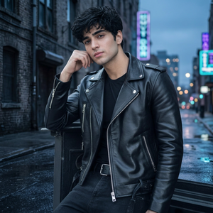 Chaqueta de Motociclista para Hombre, de Cuero Genuino Negro, Forro de Lana Transpirable, Cuello Camisero, Cierre de Cremallera, Manga Larga, Color Sólido, para Invierno - Product Image 3