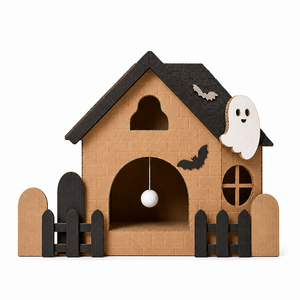Casa para Gatos de Cartón Corrugado con Techo a Dos Aguas, Rascador y <span class=keywords><strong>Cueva</strong></span> Interior con Recorte de Fantasma - Product Image 1