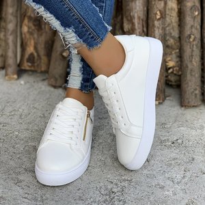 Chaussures plates décontractées en PU blanc pour femmes européennes et américaines, nouvelles, grande taille, baskets transfrontalières, style marche, fermeture éclair latérale - Product Image 4