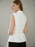 Ensemble de 2 pièces pour femmes, veste sans manches blanche et pantalon large noir, ourlet asymétrique, taille cintrée, costume de bureau