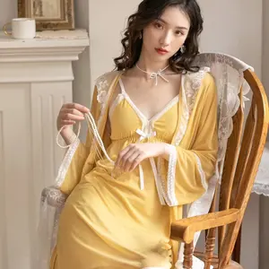 2021新款2件冰模型蕾丝长袍套装性感复古宫廷睡衣女装夏季和服睡衣