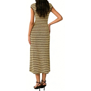 Women's <b>Cap</b> Sleeve Striped Knit Midi Dress Bodycon Textured Dress With Retro Geometric Pattern Dresses Fashion - Product Image 2