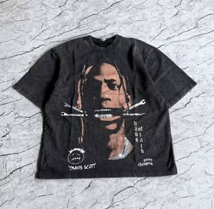 T-<span class=keywords><strong>shirt</strong></span> vintage américain imprimé Travis <span class=keywords><strong>Scott</strong></span>, délavé à l'acide, pour homme et femme, coupe oversize, streetwear rétro, en coton vieilli - Product Image 1