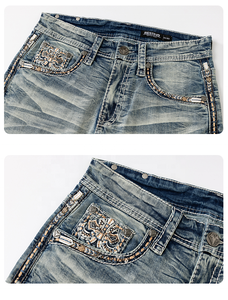 Jeans de mezclilla para hombre, de corte recto, con bordado, lavados, de cintura media, de algodón, de moda. - Product Image 5
