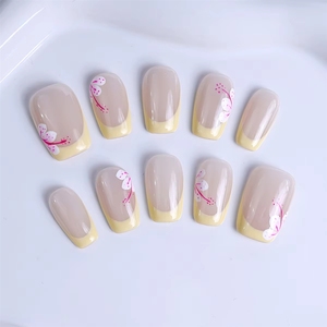 10 <span class=keywords><strong>Uñas</strong></span> Postizas Acrílicas Francesas <span class=keywords><strong>Pintadas</strong></span> a Mano <span class=keywords><strong>con</strong></span> Diseño Floral, <span class=keywords><strong>Uñas</strong></span> Artificiales Reutilizables <span class=keywords><strong>con</strong></span> Adhesivo, Paquete Personalizado - Product Image 4