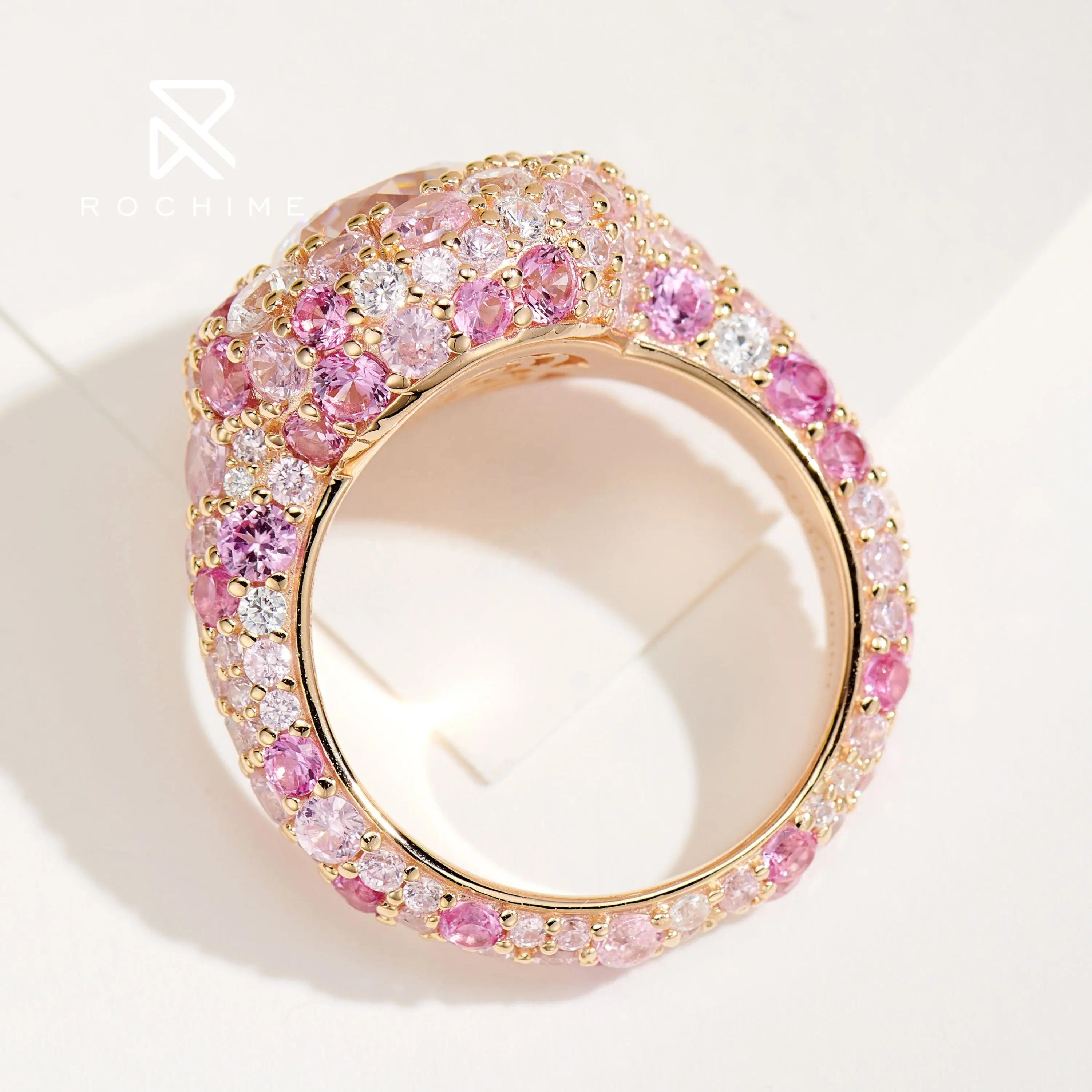 Anel de prata 925 2.5ct com diamantes rosa e flores de doces, joia de luxo para mulheres, joia de joia Rochime