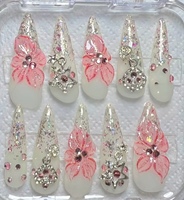 Faux ongles longs stiletto faits main à presser, nude blanc, avec décoration anneau métallique perforant style French, couvrance totale, en gel souple, 10 pièces